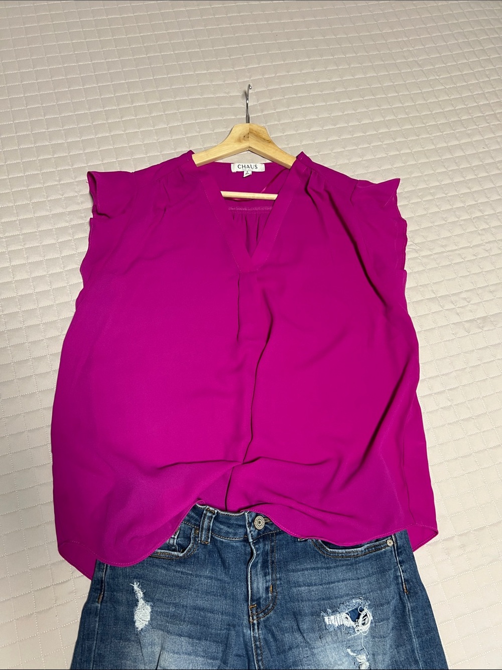 Chaus Women's Bright Fuchsia Ruffle Cap-Sleeve V-Neck Blouse - Picture 3 of 3